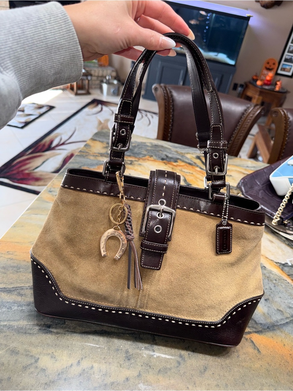 Coach Tan Suede and Dark Brown Leather Tote Bag with Buckle Accent